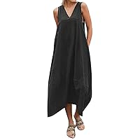 SNKSDGM Summer Dresses for Women Fashion Cotton and V Neck with Pocket Dress Beach Dress Casual Skirt Shopping Women