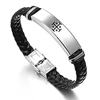 Religious Medieval Jewelry Braided Wrap Leather Jerusalem Crusaders Cross Bracelet for Men Women Greek Crossbars Faith Symbol Personalized Engraved Bangle for Church Christening, 8.26 Inch