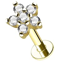 14K Solid Yellow Gold Vinca Flower Cz Stones Push Fit Top 16 Gauge Labret - Tragus Bar Piercing - Labret Stud Helix - Tragus Piercing Jewelry