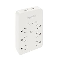 Amazon Basics 6 Outlet, Rectangle Wall Mount Surge Protector, Power Strip, 2 USB ports 3.4A, 1080 Joules, White
