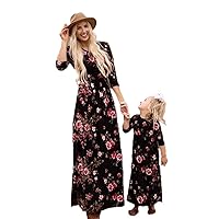 Mommy and Me Matching Dresses Outfit Casual Floral Printed Plaid Maxi Dress