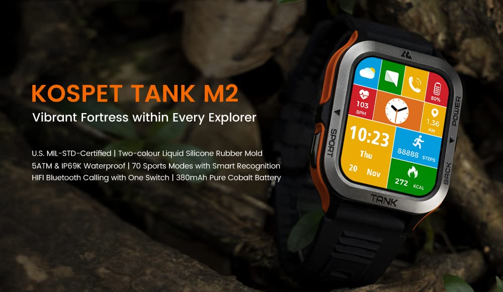 KOSPET TANK M2 Military Smartwatch AI Voice Answer Call Watch 70 Sport Modes IP69K Waterproof Fitness Sport Watch for Men Women (Black)