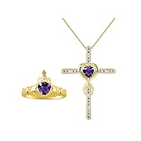 Rylos Matching Jewelry Yellow Gold Plated Silver Claddagh Ring & Cross Necklace. Heart Gemstone & Diamonds, 6MM Birthstone; Sizes 5-10.