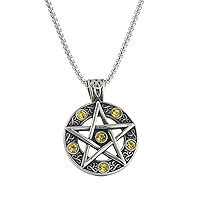 Celtic Stainless Steel Star Pentagram Pentacle Yellow Crystal Magic Power Wicca Wiccan Pagan Men's Womens Pendant Necklace Protection Amulet Wealth Fortune Lucky Charm Safety Travel Talisman Jewelry, 24 inch Chain