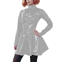 Punk Gothic Zipper Turtleneck PVC Shiny A-line Dress Sexy Pleated Long Sleeve Flared Mini Club Dress Womens Streetwear Fetish