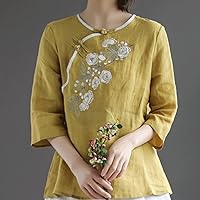 Women Spring Summer Retro Buckle Shirt Top Chinese National Style Embroidery Three Quarter Sleeve Floral Cheongsam Shirts (Color : Yellow, Size : Medium)