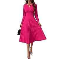 Women's Dress Dresses for Women Notched Neckline Pleated Hem Dress Dresses for Women (Color : Hot Pink, Size : Small)