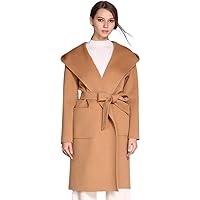 Helan Women's Handmade 100% Wool Coat With Cap, Knee Length Belt Trench Coats, Oversize Cashmere Wrap Hooded Coat