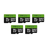 PNY 64GB Premier-X Class 10 U3 V30 microSDXC Flash Memory Card 5-Pack - 100MB/s, Class 10, A1, 4K UHD, Full HD, UHS-I, micro SD