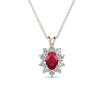 Oval Cut Ruby & Round Diamond Double Bail Women Halo Pendant Necklace 0.75 ctw 14K Gold