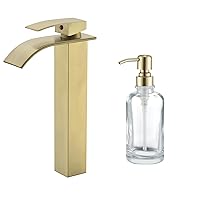 Tall Bathroom Vessel Faucet Champagne Bronze, Waterfall Tall Gold Bathroom Faucet with Clear Glass Soap Dispenser with Gold Pump, 11 OZ Liquid Soap Dispenser