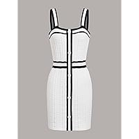 Women's Fashion Dress -Dresses Striped Trim Button Detail Textured Knit Sweater Dress Sweater Dress for Women (Color : White, Size : Small)