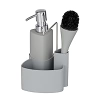 WENKO Sponge Dish Brush and Dishcloth Holder, Liquid Soap Dispenser, 4 in 1 Soap Dispenser for Kitchen Sink, For Liquid Dish Soap, Lotion, 4.3 x 7.5 x 4.9 in, Grey