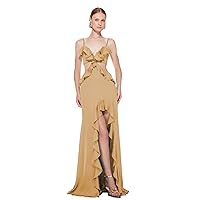 Party Dresses V Neckline Spaghetti Straps with Cutout Waist Evening Gowns Rullffs Floor Length Bridesmaid Dresses
