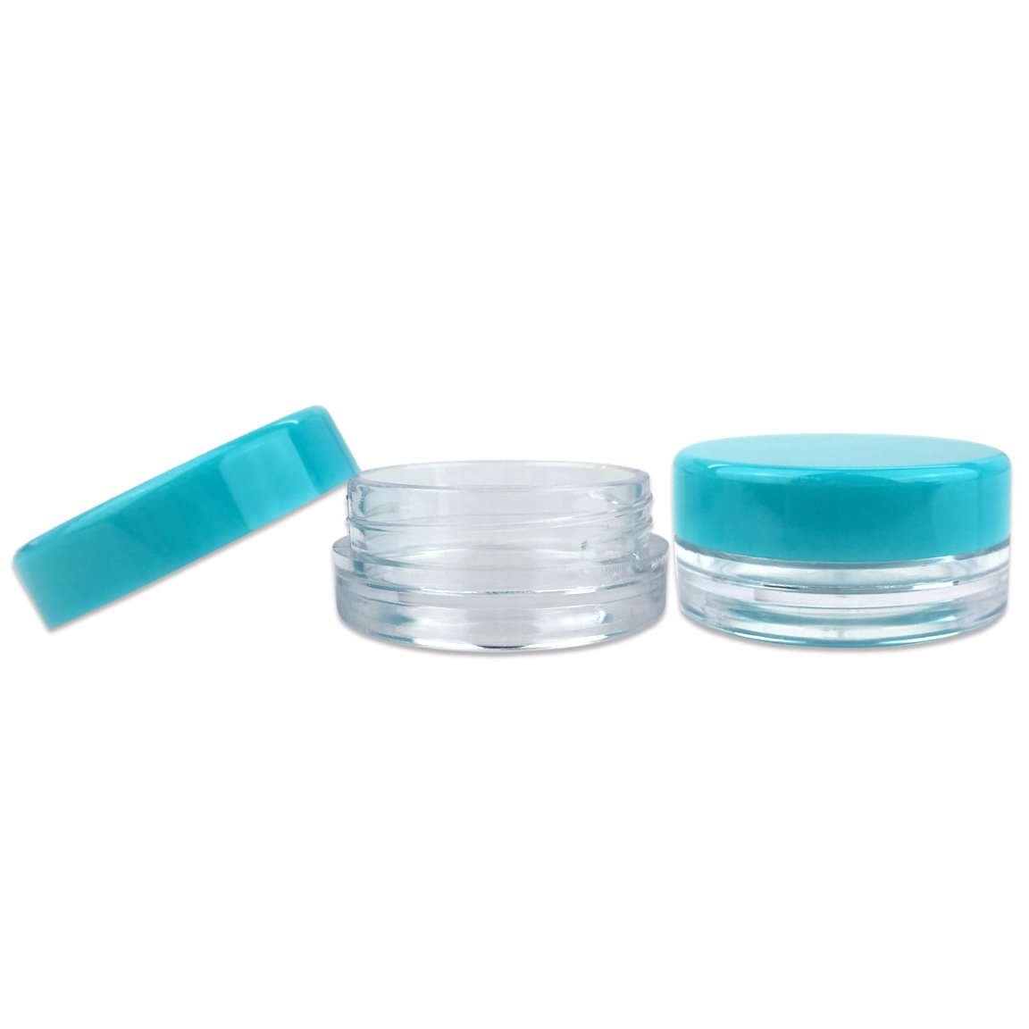 Beauticom 3g/3ml (0.1 Fl Oz) Round Clear Plastic Jars with Round Top Lids for Creams, Lotions, Make Up, Powders, Glitters, and more... (Color: Teal Lid Quantity: 50 Pieces)