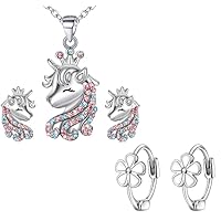 925 Sterling Silver Jewelry Sets for Girls, Flower Huggie Hoop Earrings and Unicorn Necklace Earrings Set