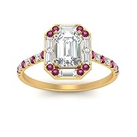 Choose Your Gemstone Art Deco Emerald Cut Halo Ring yellow gold plated Emerald Shape Halo Engagement Rings Everyday Jewelry Wedding Jewelry Handmade Gifts for Wife US Size 4 to 12