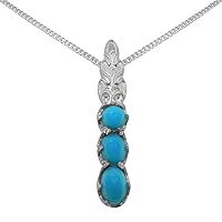 LBG 9ct White Gold Natural Turquoise Womens Trilogy Pendant & Chain Necklace - Choice of Chain lengths