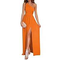 LYANER Women's One Shoulder High Split Sleeveless Ruched Sexy Cocktail Maxi Long Dress