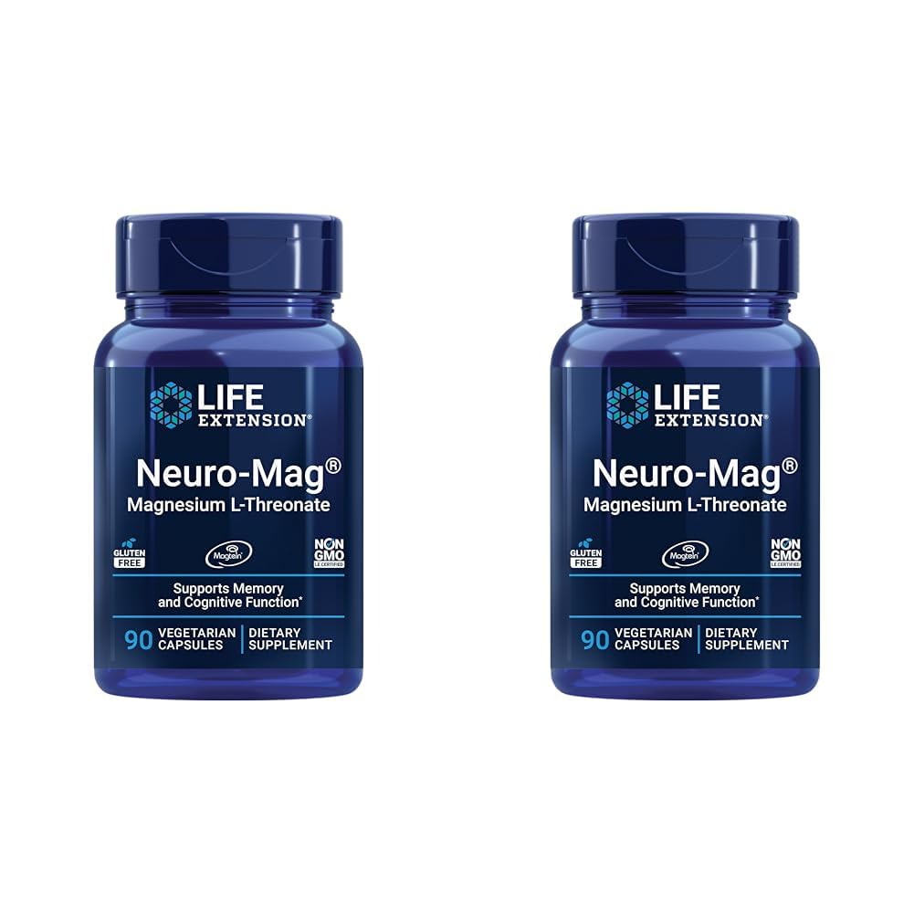 Life Extension Neuro-mag Magnesium L-threonate, Magnesium L-threonate, Brain Health, Memory & Attention, Gluten Free, Vegetarian, Non-GMO, 90 Vegetarian Capsules (Pack of 2)