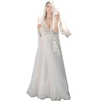 LIPOSA Women's Floral Appliqued Wedding Dress Plunging Velvet Ribbon Wrap A Line Long Tulle Flowy Bohemian Bridal Gowns