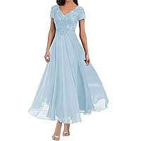 Mother of The Bride Dresses Tea Length Lace Appliques Chiffon Short Sleeve V Neck Formal Evening Dresses for Women