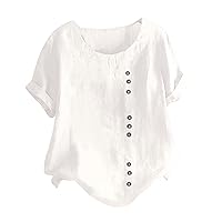 Summer Women Cotton Linen Tshirt Tops Casual Loose Fit Trendy Plain Tunic Tees Short Sleeve Plus Size Button Blouses