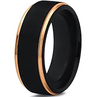Tungsten Wedding Band Ring 8mm for Men Women 18k Yellow/Rose Gold Plated Step Edge Black Brushed Polished