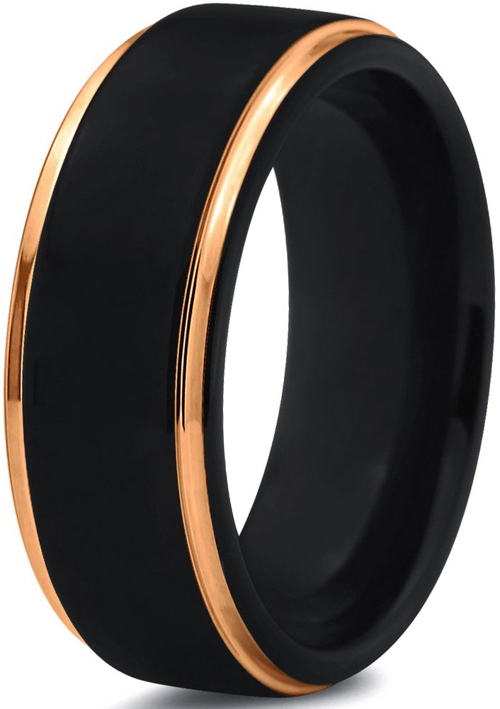 Midnight Rose Collection Tungsten Wedding Band Ring 8mm for Men Women 18k Yellow Gold Plated Step Edge Black Brushed Polished