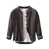 Long Sleeve Shirts for Men, Cotton Linen Plus Size Chinese Style Casual Disc Buckle Hemp Shirt