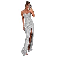 Women's Spaghetti Straps Satin Prom Dresses Long Pleated 2024 Formal Evening Party Gowns with Slit