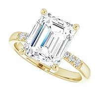 Emerald Cut Moissanite Ring, 3ct Colorless Stone, 14K Yellow Gold, Diamond Accents Engagement Ring