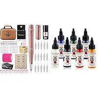 Permanent Eyebrow Makeup Tattoo Machine Kit With 15 pcs Cartridge Needles and 7 Colors Tattoo Inks Set for Practice 2 oz 60ml/Bottle Tattoo Inks Pigment Kit for 3D Makeup Beauty Skin Body Art
