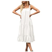 Vacation Dresses for Women, 2024 Summer Boho Babydoll Strap Sleeveless Square Neck Smocked Ruffle Flowy Maxi Dress (L, White)