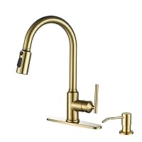 Kitchen Faucets with Pull Down Sprayer, Gold Kitchen Faucet with Sprayer, 304 Stainless Steel High Arc Single Handle Pull Down Kitchen Faucet for Kitchen Sink Faucet with Soap Dispenser