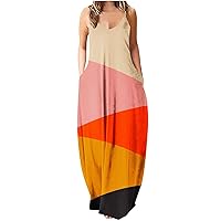 Women Fashion Cow Color Block Baggy Maxi Cami Dress with Pockets Summer Casual Loose Fit Spaghetti Strap Dresses