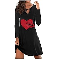 Love Heart Dress for Women Front Hollow Out V Neck Valentine's Day T-Shirts Dresses Long Sleeve Slim Fit Dress Tops