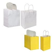 Oikss Each 100 Pack Medium White & Small Yellow Kraft Paper Gift Bags with Handles Bulk