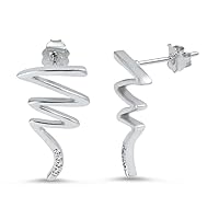 Lightning Bolt Funky Abstract Zig Zag Statement Clear Simulated CZ .925 Sterling Silver Earrings
