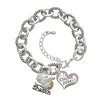 Silvertone Shalom with Dove - Class of 2024 Heart Charm Link Bracelet, 7.25+1.25