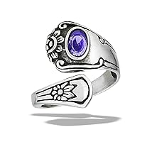 Simulated Amethyst Spoon Thumb Ring Cute Stainless Steel Flower Fashion Band Sizes 6-10