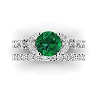 2.66 carat Round Shape Solitaire 3 stone Simulated Emerald Engagement Wedding Anniversary Bridal ring band set 14k White Gold