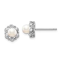 925 Sterling Silver Polished Open back Post Earrings Freshwater Cultured Pearl and Diamond Earrings Measures 9x7mm Wide Jewelry for Women