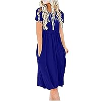 GBSELL Women's Casual Maxi Dress Short Sleeve Crew Neck with Pockets Solid Loose Fit Midi Dress