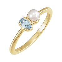14k Yellow Gold Natural Aquamarine Oval 5x3mm Cultured White Akoya Pearl Polished and White Ring S Jewelry for Women
