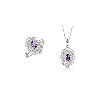 Rylos Matching Set Sterling Silver Floral Pattern Halo Pendant Necklace & Ring. Gemstone & Diamonds, 18
