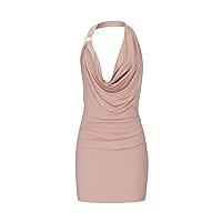 Women's Sexy Halter Cowl Neck Drape Ruched Bodycon Dress Cocktail Party Backless Sleeveless Fashion Club Mini Dress