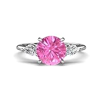 Created Pink Sapphire2.94 ctw Hidden Halo accented Side Lab Grown Diamond Engagement Ring Set in Tiger Claw prong setting in 14K Gold