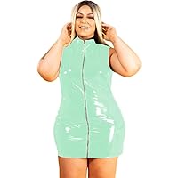 Women PVC Long Sleeve Front Open Zip Mini Dress Skinny Latex Short Dress Plus Size Vinyl Sheath Dress