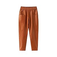 Women's Winter PU Leather Pocket Full Length Pants High Street Style Elastic Waist Leather Pants